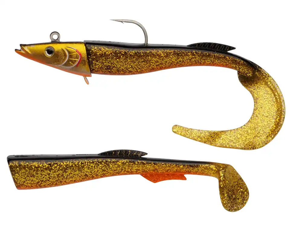 Berkley PowerBait Power Sandeel 21cm - 160g Gold Motoroil gumihal Direct Verzonden